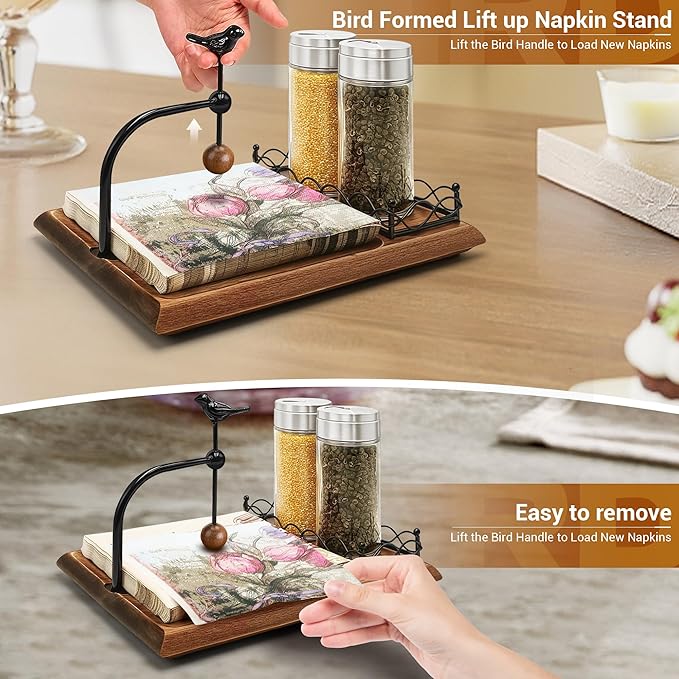 Elegant Flat Wooden Napkin Holder with Bird Design, Multifunctional Napkin Holder for Table, Kitchen, Outdoor Use Walnut Brown Wood Base Includes Space for Salt and Pepper Shakers