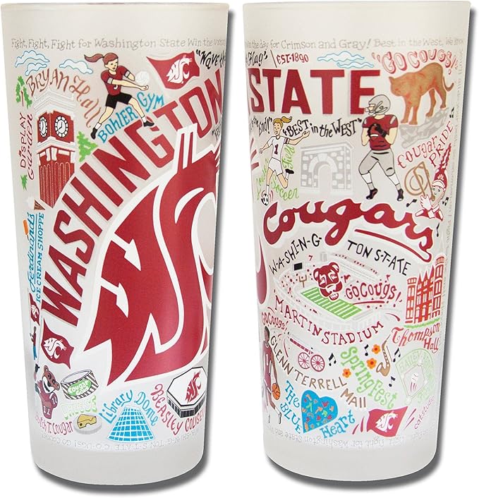 Catstudio Drinking Glass, Washington State University Glass Cup for Kitchen, 15oz Dishwasher Safe Tumbler for WSU Alumni