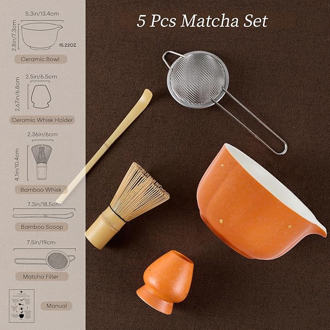 5 PCS Matcha Whisk Set Includes Matcha Bowl with Spout, Bamboo Whisk (Chasen), Whisk Holder, Sifter, Scoop, Matcha Starter Kit for Matcha Lovers, Matcha Set with Pumpkin Design, Orange