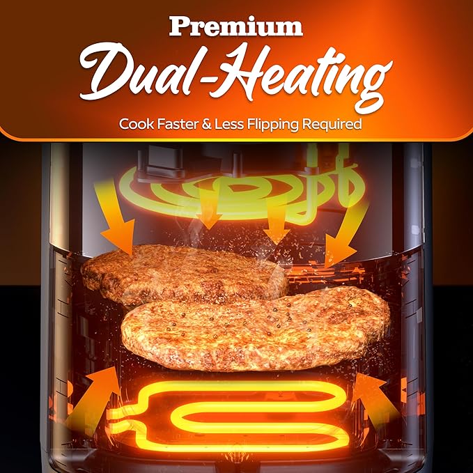 Fullwill Vision Pro 6QT Air Fryer with Large Square Viewing Window,Base and Upper Heating,12 Presets for Chicken Wings,Steak,Fries,Pizza and More,Non-Stick and PFOA-Free,Fast and Oil Free Cooking