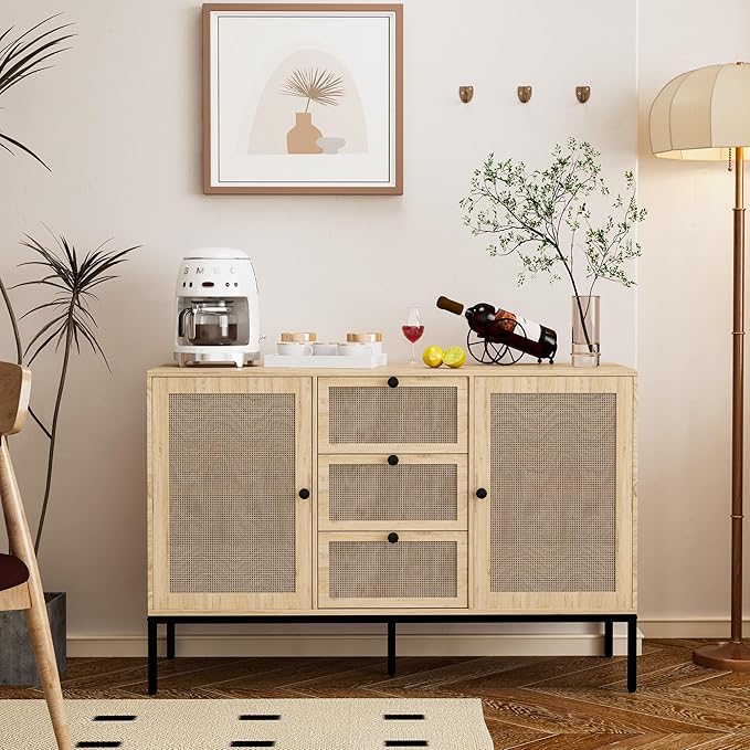 Rattan Sideboard Buffet Cabinet with 2 Doors & 3 Drawers, Mid Century Modern Credenza with Adjustable Shelves, Boho Storage Cabinet for Living Room, Hallway & Kitchen (Wood, 47 inch)