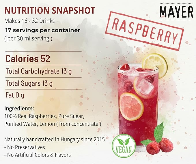 Mayer Hungarian Premium Raspberry Artisanal Syrup, Award-Winning, All-Natural, Vegan, Gluten-Free, With 100% Real Fruits, Perfect Coffee Syrup & Cocktail Syrup, No Artificial Additives (1 Pack)