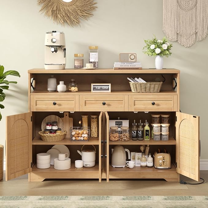Vabches 47''W Rattan Buffet Sideboard, Boho Storage Cabinet with 3 Drawers and Adjustable Shelves, Farmhouse Coffee Bar Station Microwave Stand with Storage for Kitchen, Dining/Living Room, Natural
