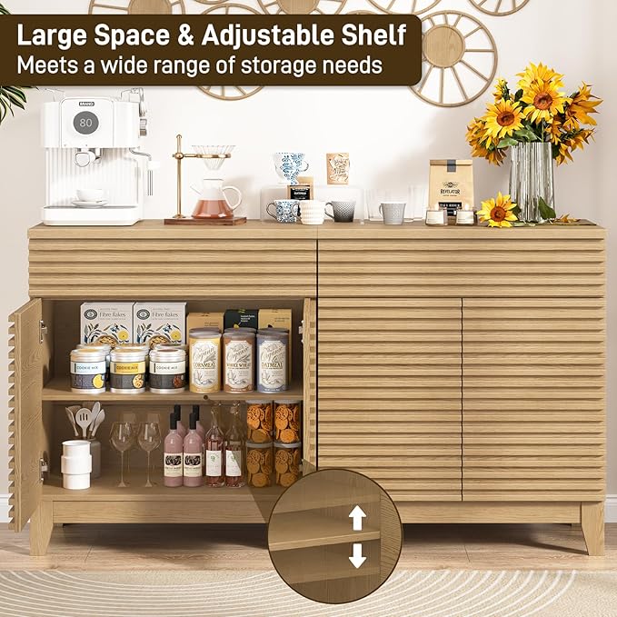 Fluted Coffee Bar Cabinet, Natural Storage Cabinet with 2 Doors and Drawer, Buffet Sideboard with Adjustable Shelves, Floor Storage Cabinets for Kitchen, Living Room, Dining Room