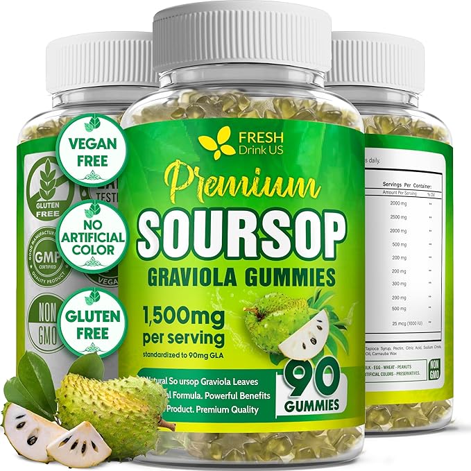 FRESHDRINKUS, 90 Max-Strength Soursop (Graviola) Gummies + Sea Moss & Turmeric — Cell Support • Non-GMO, Vegan, Sugar-Free Formula – Convenient Chewable Herbal Supplement