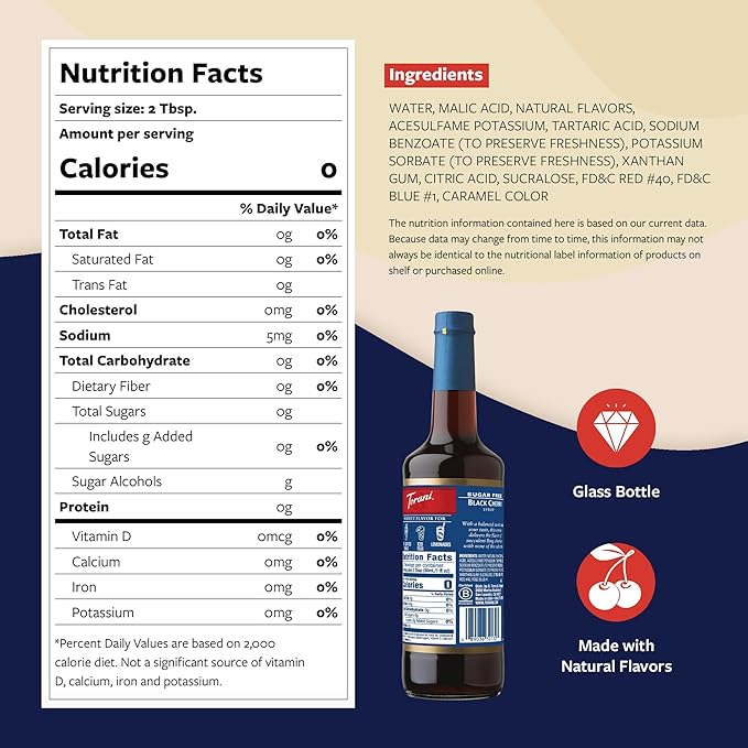 Torani Sugar Free Syrup, Black Cherry Flavored Syrup for Drinks, Zero Calorie, Glass Bottle with Pump Included, 25.4 Fl Oz