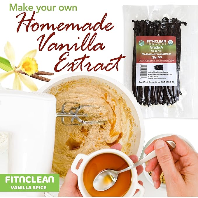 50 Organic Grade A Madagascar Vanilla Beans. Certified USDA Organic for Extract and All Things Vanilla. ~5" by FITNCLEAN VANILLA. Bulk Fresh NON-GMO Pods.