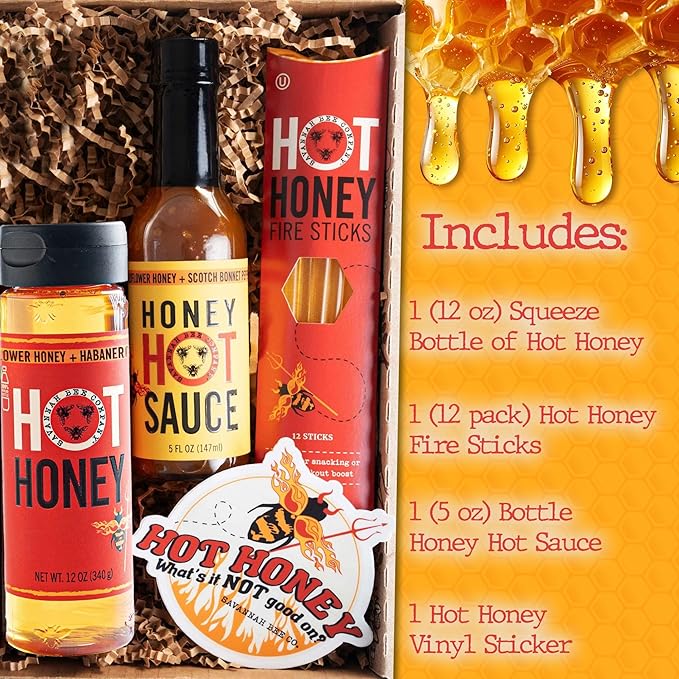 Savannah Bee Company Hot Honey Box Gift Set - Award-Winning Honey Collection - Includes Hot Honey, Sauce, and Fire Sticks - Perfect Gourmet Gift for Spice Lovers