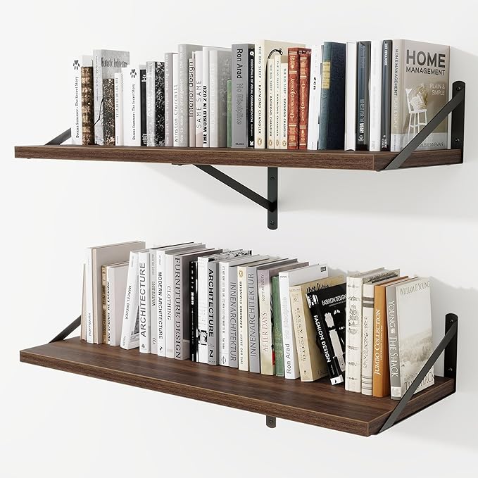 Deep Wall Shelves 36"W x 12"D Engineered Wood Floating Shelves for Wall, Sturdy Metal Bracket Bookshelves Home Decor Storage for Living Room Bedroom Bathroom Kitchen, Set of 2, Walnut Finish