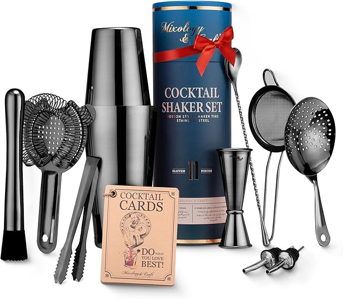 Mixology & Craft Cocktail Shaker Set - 11-Piece Bar Accessories Kit w/Weighted Boston Shaker, Strainer, Jigger, Muddler and More - Home Bartending Tools, Accessories for Bartender, Black