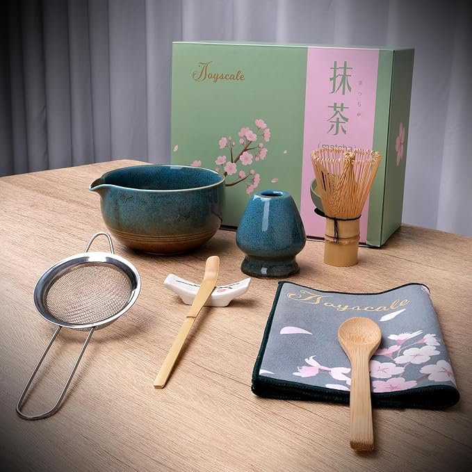 Joyscale Matcha Whisk Set, Matcha Set Whisk And Bowl, 8 Pcs Matcha Kit Set(Ancient Kiln Design), 14 OZ, Japanese Matcha Tea Set, Matcha Making Kit Gifts for Tea Lovers(Blue)