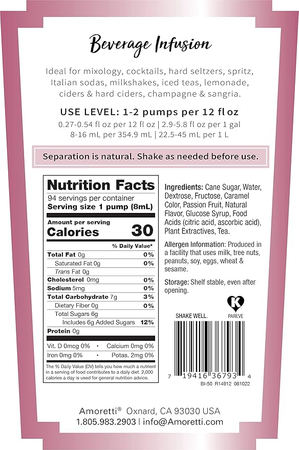 Amoretti - Passion Fruit Tea Beverage Infusion Drink Mix & Water Enhancer with Pump for Flavoring Cocktails, Waters, Tea, and other Beverages, 94 Servings Per Bottle (750 ml), Preservative Free