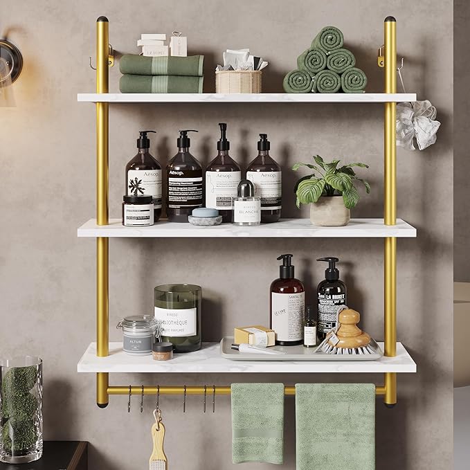 Bestier 31" Industrial Pipe Shelving, Floating Kitchen Wall Shelves 3 Tier Coffee Bar Shelves for Wall with 8 Hooks, Hanging Display Shelf Bookshelf for Living Room Bathroom, White Marble
