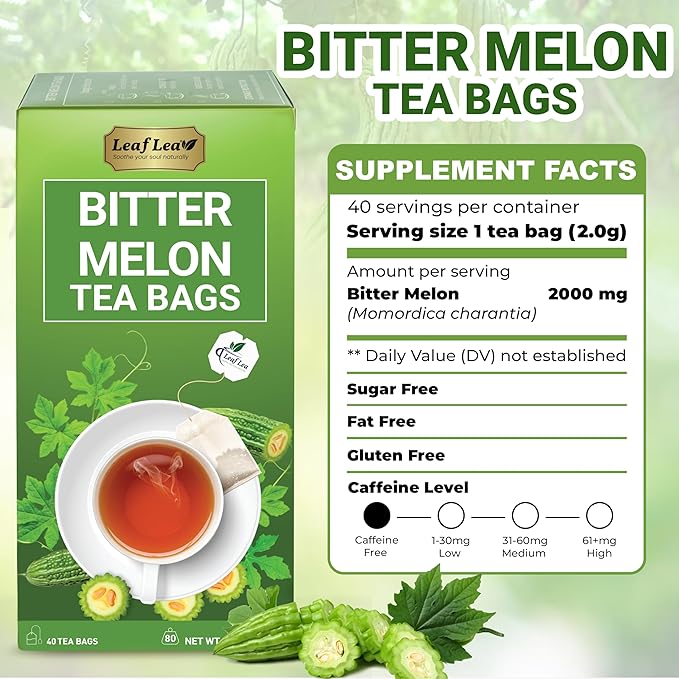 LeafLea Natural Bitter Melon Tea Bags, 40 Cundeamor Herbal Tea Bags – Melon Amargo Gohyah Fruit Tea | Wellness & Digestion Support | Caffeine-Free, Non-GMO, Sugar-Free, Vegan