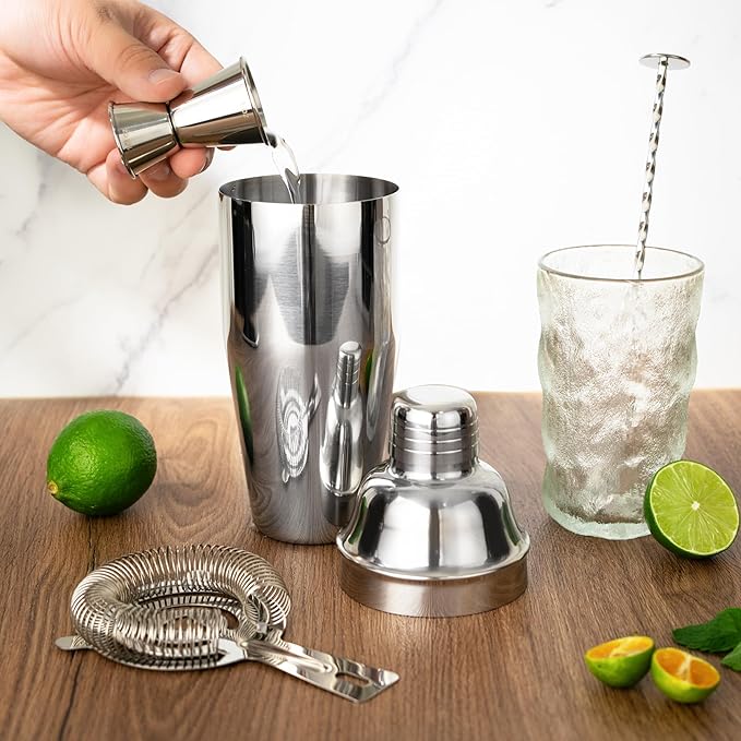 7-Piece Cocktail Shaker Set, 24oz Shaker Strainer Muddler Jigger Mixing Spoon Pourers, Bartender Kit, Bar Accessories, Stainless Steel Bar Set