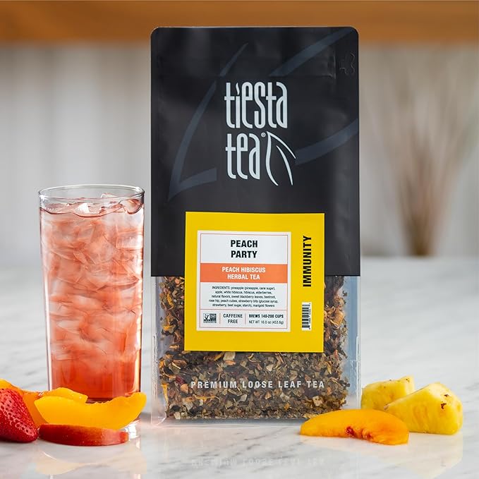 Tiesta Tea - Peach Party, Peach Hibiscus Herbal Tea, Premium Loose Leaf Tea Blend, Non-Caffeinated Fruit Tea, Make Hot or Iced & Up to 200 Cups, 16 oz Resealable Pouch