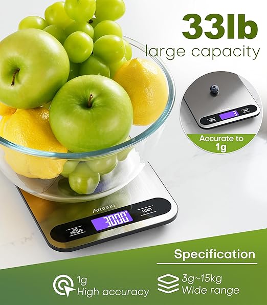 Atogou 0.01oz/33lb Food Scale, Digital Kitchen Scale with Full View LCD Display, Waterproof Stainless Steel Surface, for Cooking, Baking, Meal Prep Black&Grey