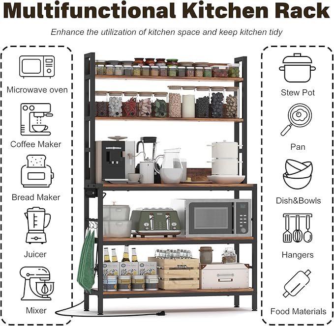 Kitchen Baker’s Rack with Power Outlet, 5-Tier Free Standing Storage Shelf Rack with Hooks, Kitchen Shelves with Storage,Industrial Microwave Stand Shelf for Dining Room,Coffee Bar for Spaces