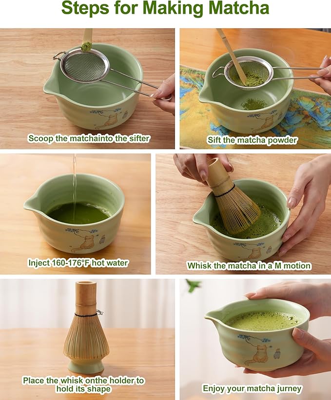 Matcha Whisk Set, Ceramic Matcha Set Includes Matcha Bowl, Matcha Whisk and Holder, Bamboo Scoop, Scoop Rest, Sifter and Tea Towel - 7 Pcs Matcha Kit(Green)