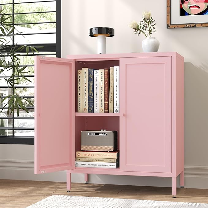Small 2 Transparent Door Metal Storage Side Buffet Cabinet for Bed Room,Living Room,Entryway,Hallway,Home,Hotel,Office,Garage,Kitchen,1 Removable Shelf. (Square Door, Pink)