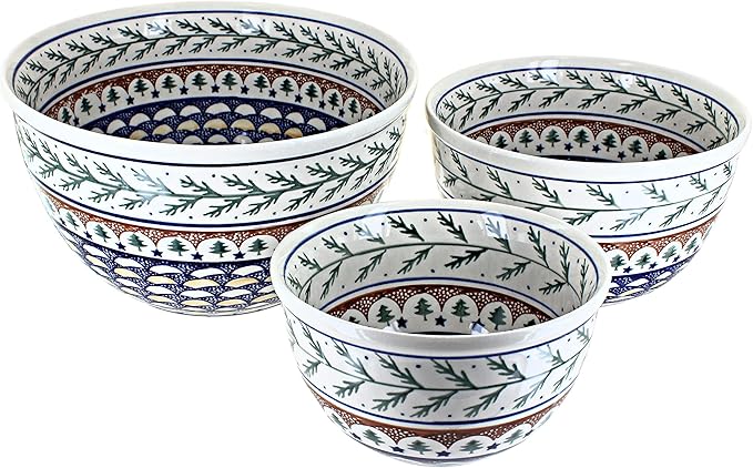 Blue Rose Polish Pottery - Green Evergreen Mixing Bowl Set - 3 Mixing Bowls - Polish Pottery Holiday Bowls, Festive Evergreen Christmas Design for Baking, Mixing & Serving