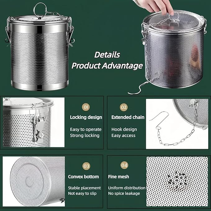 Stainless Steel Tea Ball Strainer Tea Infuser Soup Seasonings Seperation Basket Spice Filter Seasoning Strainer Mesh Filter Extra Fine with Chain Hook-3.2L (16CM*16CM)