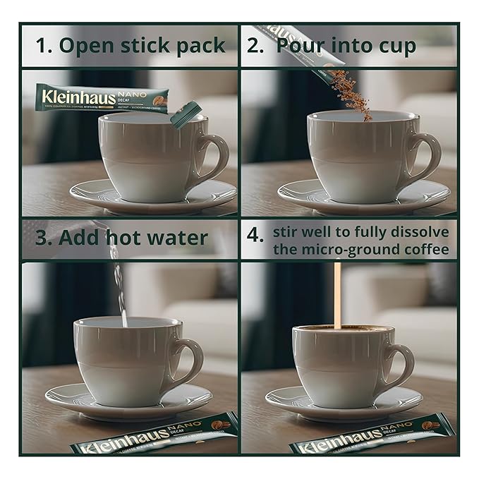 Kleinhaus Decaf Nano Single-Serve Instant Coffee + Microground | 100% Colombian Arabica Coffee | Freeze dried | Fresh Brewed Taste | 6 X 24 Packets