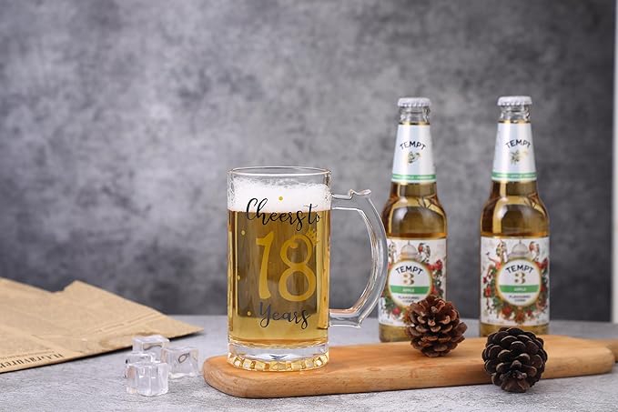 18th Birthday Gift，Men and Women Cheering 18th Birthday Beer Mugs，Cheers to the 18th Anniversary Beer Glass，18th Birthday Party Wedding Anniversary Decorative Gift, 18 Ounce (Cheers to 18 Years)