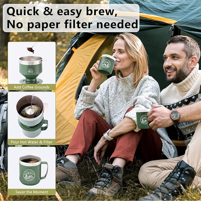 Stainless Steel Pour Over Coffee Maker Set, Outdoor Coffee Dripper, Reusable Coffee Filter&Insulated Camping Mug (16oz), for Hiking, Camping&Outdoor Adventures, Rinse-clean&Portable -Green