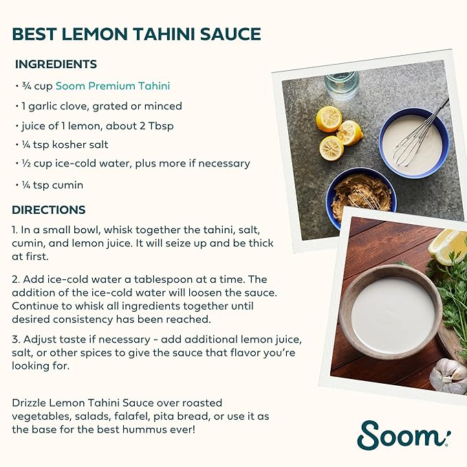 Soom Foods Organic Tahini 16oz (1 Pack) | Roasted & Ground Sesame Seed Paste | Creamy Tahini for Dubai Chocolate, Hummus, Sauces | Vegan, Nut-Free, Gluten-Free, Kosher, Keto, Paleo, Whole30