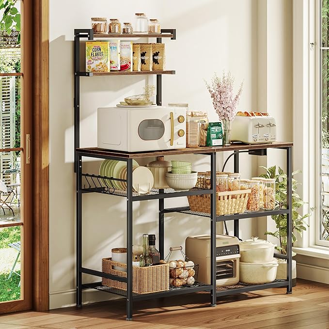 Huuger 39.4 Inch Bakers Rack with Power Outlets, Kitchen Microwave Stand with Storage, Coffee Bar with 4 Hooks, 3-Level Height Open Shelves, Rustic Brown