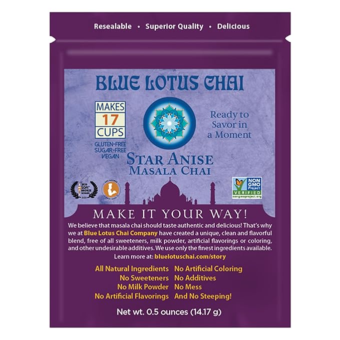 Blue Lotus Chai - Star Anise Masala Chai - Makes 17 Cups - 0.5 oz Pouch Masala Spiced Chai Powder with Organic Spices - Instant Indian Tea No Steeping - No Gluten