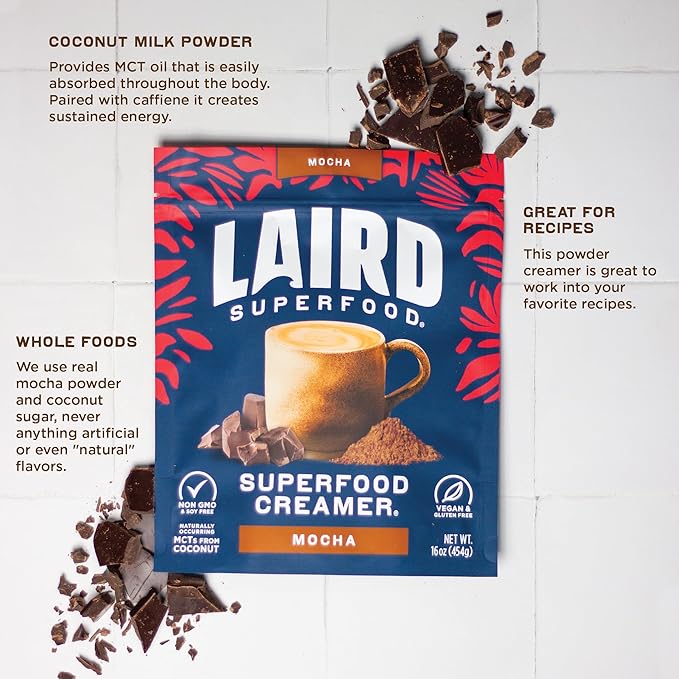 Laird Superfood Non-Dairy Coffee Creamer Mocha, Shelf-Stable Superfood Non-Dairy Powder Creamer, Gluten Free, Non-GMO, Vegan, 16 oz. Bag, Pack of 1