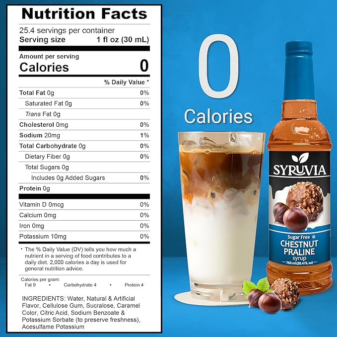Syruvia Sugar Free Coffee Syrup, Chestnut Praline Flavored Syrup for Drinks, Lattes, and Desserts – 25.4 fl oz, With Pump