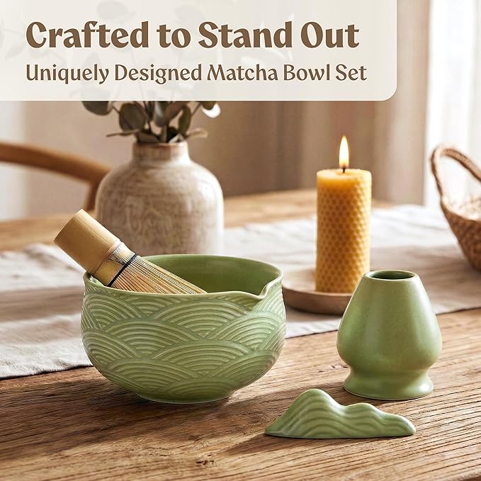 Matcha Kit Whisk Set (7 Pcs) - Complete Matcha Set, Matcha Bowl with Spout, Whisk with Holder, Bamboo Scoop with Rest and Sifter, Perfect Kit for Matcha Lovers (Green Mist)