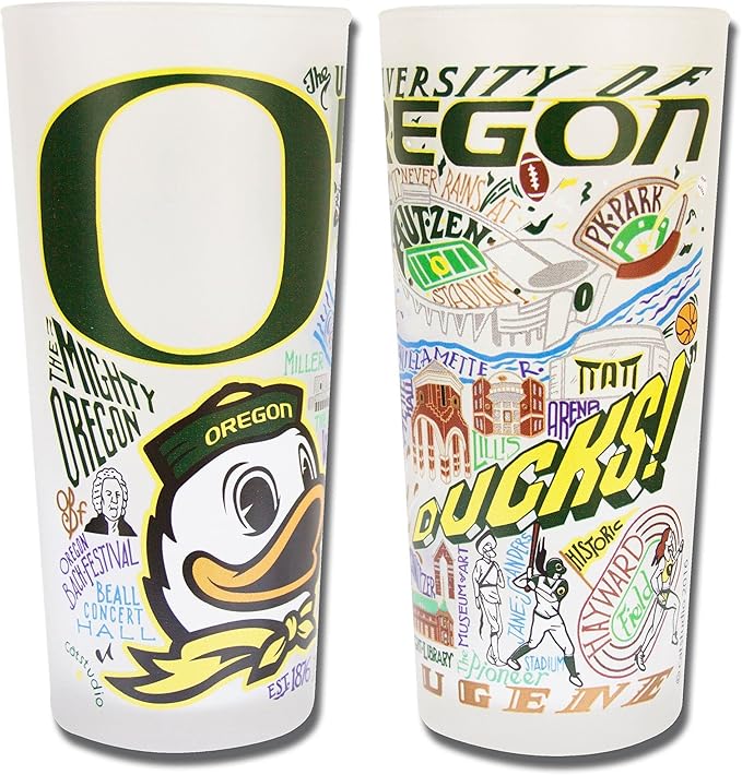 Catstudio Drinking Glass, University of Oregon Glass Cup for Kitchen, 15oz Dishwasher Safe Tumbler for UO Alumni