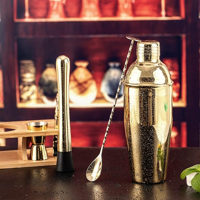 Shakers Bartending, 11Pcs-Cocktail Shaker Set Gold Drink Mixer with 25oz Martini Shaker,Muddler,Bar Spoon and More Professional for Home and Bartender.(Gold)