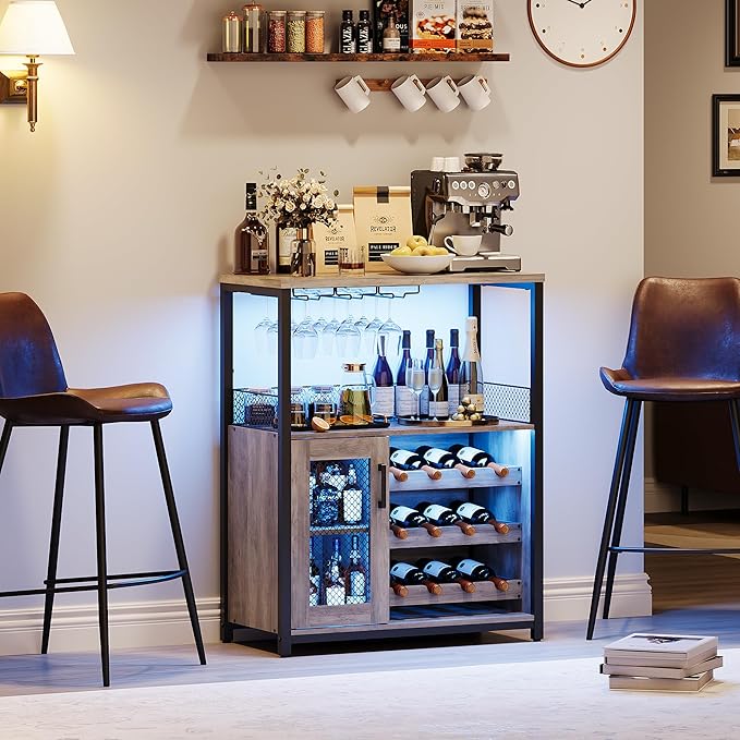 Vintage 3-Tier Wine Bar Cabinet with Adjustable Shelves, Glass Holders, Mesh Door, Small Buffet Sideboard Liquor & Coffee Bar Cabinet for Kitchen, Dining Room, Living Room
