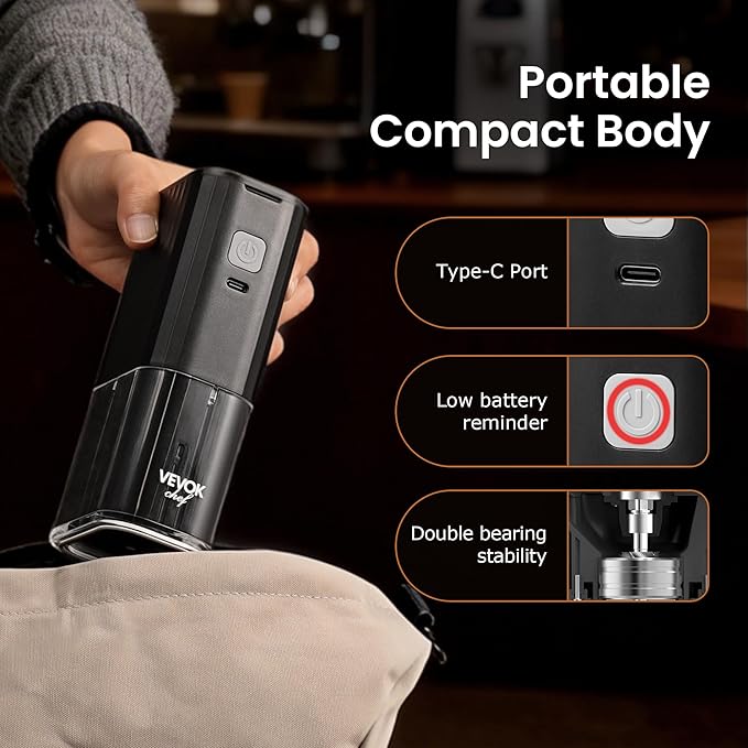 VEVOK CHEF Portable Mini Electric Coffee Grinder,Adjustable Stainless Steel Burr Coffee Bean Mill,One-Button Grinder with USB Rechargeable,Auto‑Stop for Espresso to French Press,for Outdoor Use(Black)