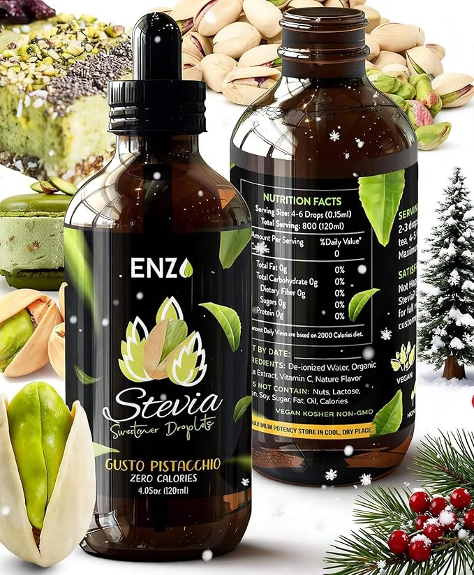 Enzo Liquid Stevia Drops Our Zero Calories Sweetener (4oz - 800 Servings/Bottle) - Pistachio - All Natural flavoring with No Artificial Additives & Filler Ingredient