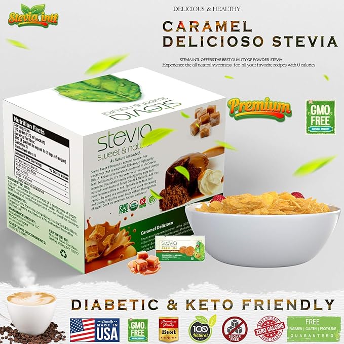 Caramel Delicioso Organic Stevia Powder. All-Natural Sweetener, Sugar Substitute Highly Concentrated & Pure Extract Stevia. 0 Calorie, 0 Carb Diabetic & Keto Friendly (40-Packets) - Packaging May Vary