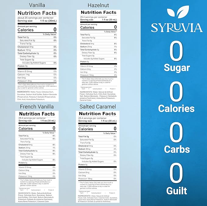Syruvia Sugar Free Coffee Syrup Variety Pack: French Vanilla, Salted Caramel, Hazelnut, and Vanilla - Gluten-Free, Kosher, 25.4 fl oz Bottles - Enhance Your Coffee Experience,