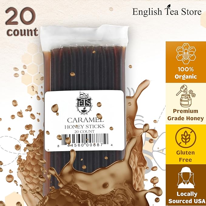 ETS Honey Sticks Caramel Flavor 20 Count – Natural Honey Straws for Tea Coffee Snacks and Baking – Convenient Individual Packets – Sweet Treat for Lunchboxes Travel and Gifting