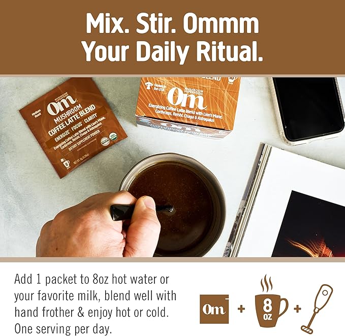 Om Mushroom Superfood Coffee Latte Blend – Functional Mushroom Powder with Lion’s Mane, Cordyceps, Reishi & Chaga – Energy, Focus & Mental Clarity Support – Single Serve Packets (10 Count)