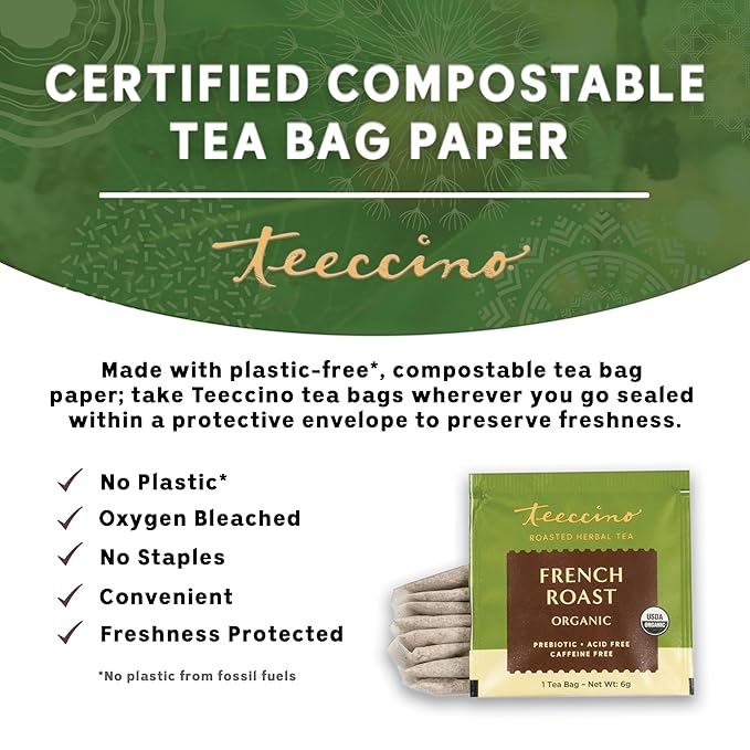 Teeccino French Roast Herbal Tea - Rich & Roasted Herbal Tea That’s Caffeine Free & Prebiotic for Natural Energy, Coffee Alternative, 10 Tea Bags (Pack of 4)