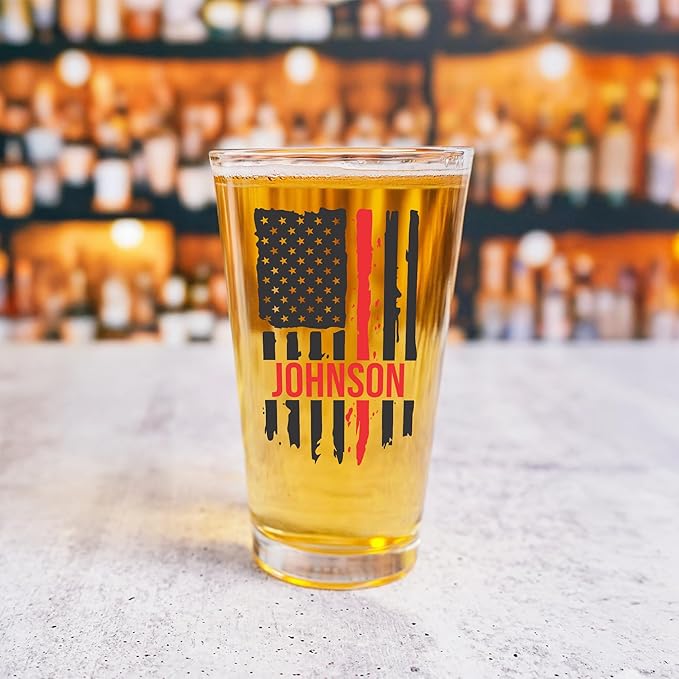 Blue Ridge Mountain Gifts - Thin Red Line Pint Glass - Personalized Firefighter Glass, Fireman Flag & Appreciation, Back the Red, Fire Academy Gift, Personalized Father's Day Gift First Responders