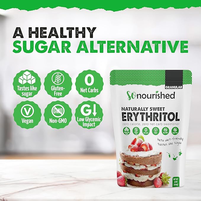 So Nourished Erythritol Sweetener Granular - 1:1 Sugar Substitute, Keto - 0 Calorie, 0 Net Carb, Non-GMO (2.5 lbs / 40 oz)
