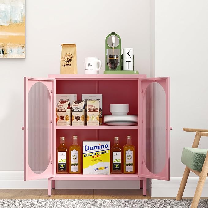 Small 2 Transparent Door Metal Storage Side Buffet Cabinet for Bed Room,Living Room,Entryway,Hallway,Home,Hotel,Office,Garage,Kitchen,1 Removable Shelf. (Transparent Door, Pink)