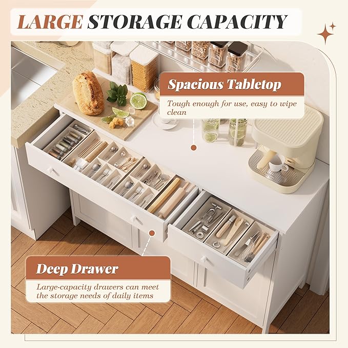 Crownland 44" Sideboard Buffet Cabinet with 2 Drawers, 3-Door Kitchen Storage Cabinet with Adjustable Shelves, Modern Farmhouse Sideboard, Coffee Bar for Dining Living Room(White)