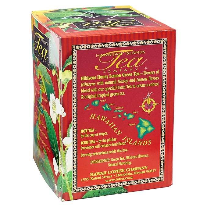 Hawaiian Islands Tea Company Hibiscus Honey Lemon Tropical Green Tea, All Natural - 20 Teabags (1 Box)